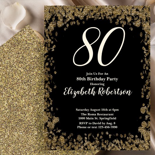 Elegant 80th Birthday Invitation With Gold Sequins