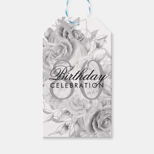 Elegant 80th Birthday Party Floral Silver White Cadeaulabel (Voorkant)