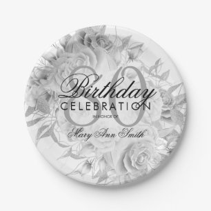 Elegant 80th Birthday Party Floral Silver White Papieren Bordje