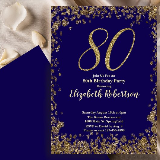 Elegant 80th Blue Birthday Invitation Gold Sequin