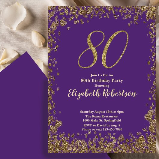 Elegant 80th Purple Birthday Invitation Gold 