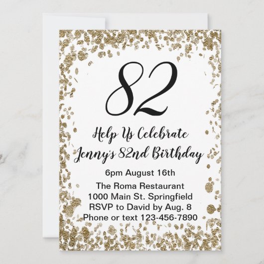 Elegant 82nd Birthday Invitation For Her in Gold (Devant)