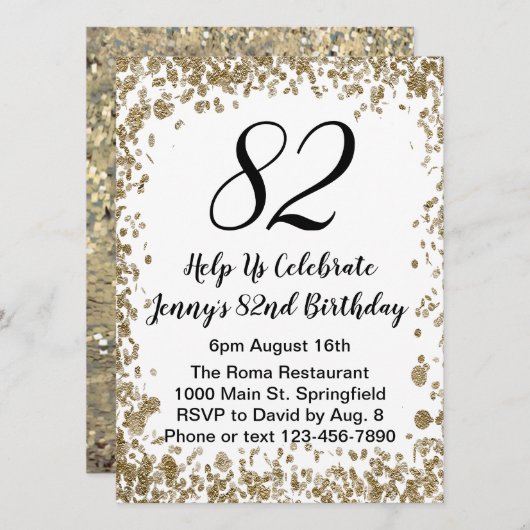 Elegant 82nd Birthday Invitation For Her in Gold Kaart (Voorkant / Achterkant)