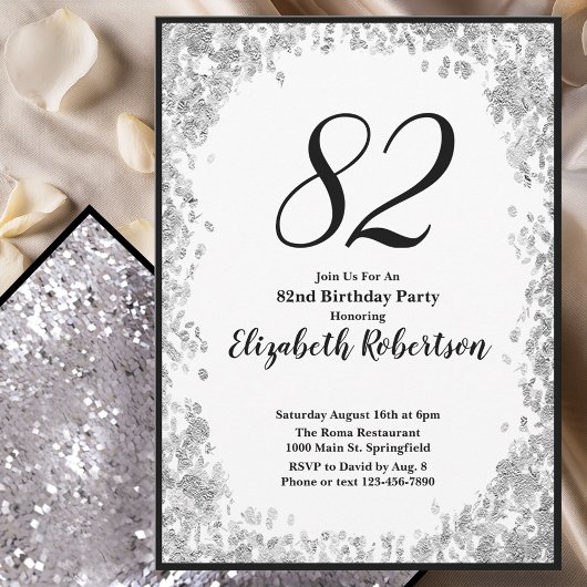 Elegant 82nd Birthday Invitation For Her in Silver