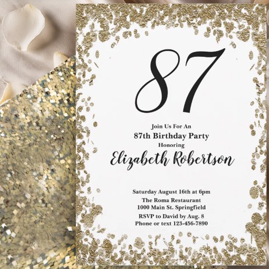 Elegant 87th Birthday Invitation For Her in Gold