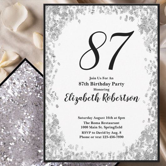 Elegant 87th Birthday Invitation For Her in Silver