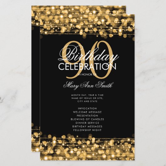 Élégant 90e anniversaire programme de fête Gold av (Devant / Derrière)