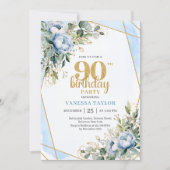 Elegant 90th Birthday Invitation Blue Floral Gold  (Devant)