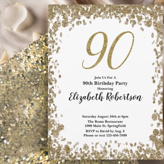 Elegant 90th Birthday Invitation For Her in Gold