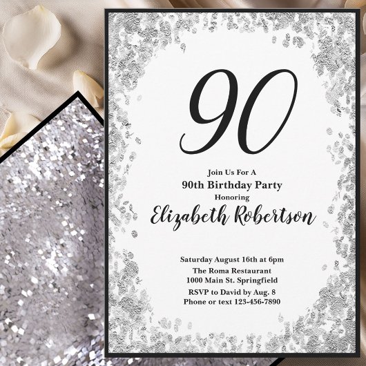 Elegant 90th Birthday Invitation For Her in Silver