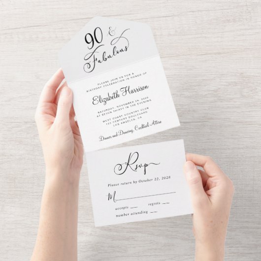 Elegant 90th Birthday Party All In One Uitnodiging (Afscheurbaar)