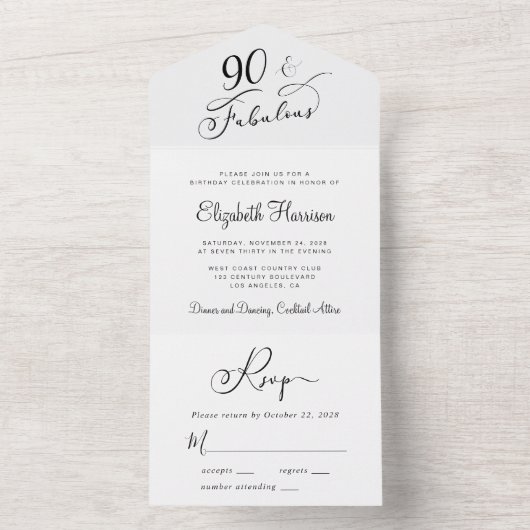 Elegant 90th Birthday Party All In One Uitnodiging (Binnen)