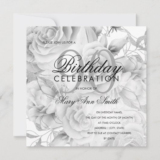 Elegant 90th Birthday Party Floral Silver White (Voorkant)