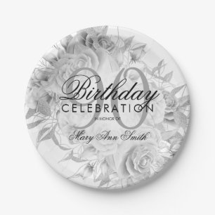 Elegant 90th Birthday Party Floral Silver White Papieren Bordje