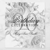 Elegant 90th Birthday Party Floral Silver White Wijn Etiket (Enkel label)