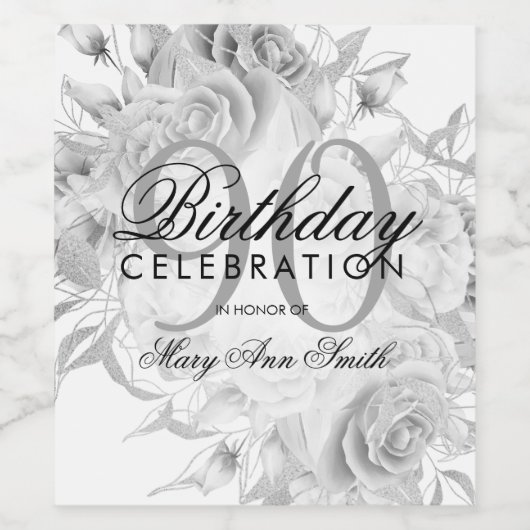 Elegant 90th Birthday Party Floral Silver White Wijn Etiket (Enkel label)