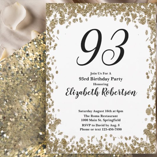 Elegant 93rd Birthday Invitation For Her in Gold