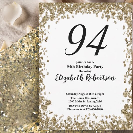 Elegant 94th Birthday Invitation For Her in Gold