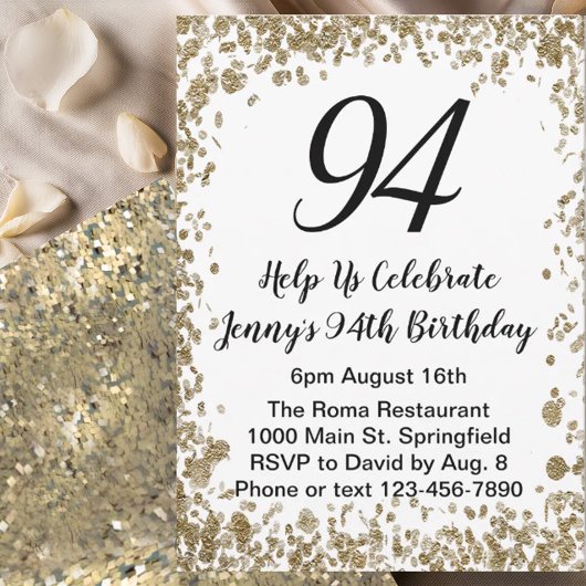 Elegant 94th Birthday Invitation For Her in Gold