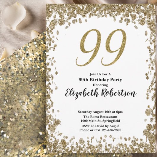 Elegant 99th Birthday Invitation For Her in Gold
