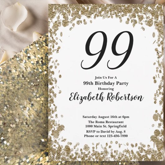 Elegant 99th Birthday Invitation For Her in Gold