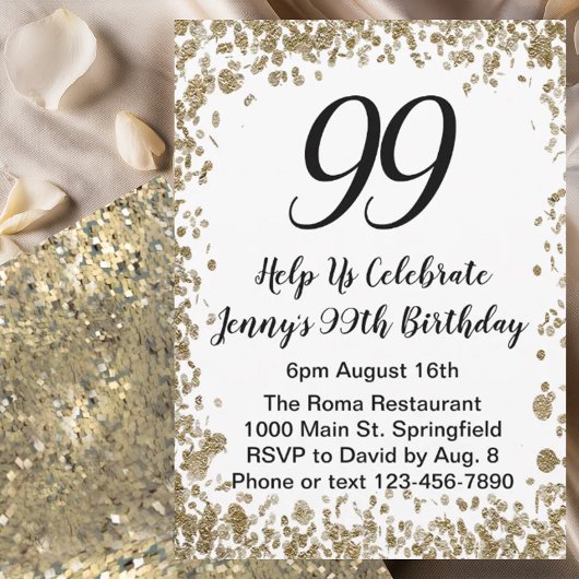 Elegant 99th Birthday Invitation For Her in Gold