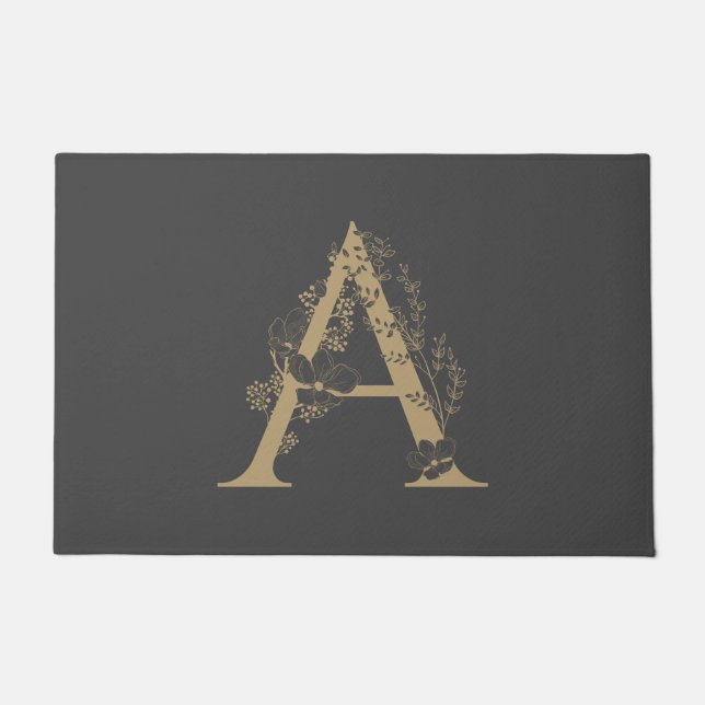 Elegant A Boho Floral Monogram Initiaal Grey Gold Deurmat (Voorkant)