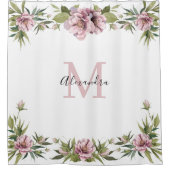 Elegant aangepaste naam monogram roze florale pind douchegordijn (Voorkant)