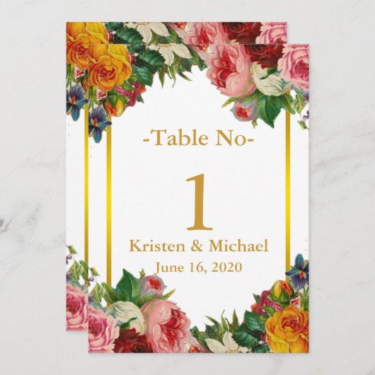 Elegant Aanpasbare Bloem Gouden Bruiloft Tafel Num Kaart (Voorkant / Achterkant)