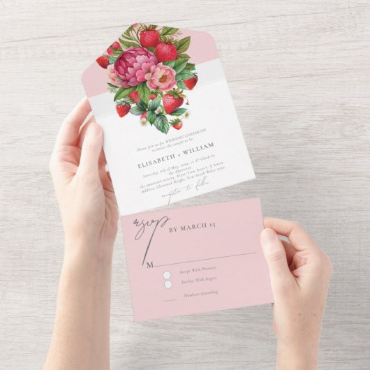 Elegant aardbei en peonies Wedding Rsvp All In One Uitnodiging (Afscheurbaar)