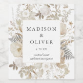 Elegant Aards Bloemig Wit Bruilofts- Wijn Etiket (Enkel label)