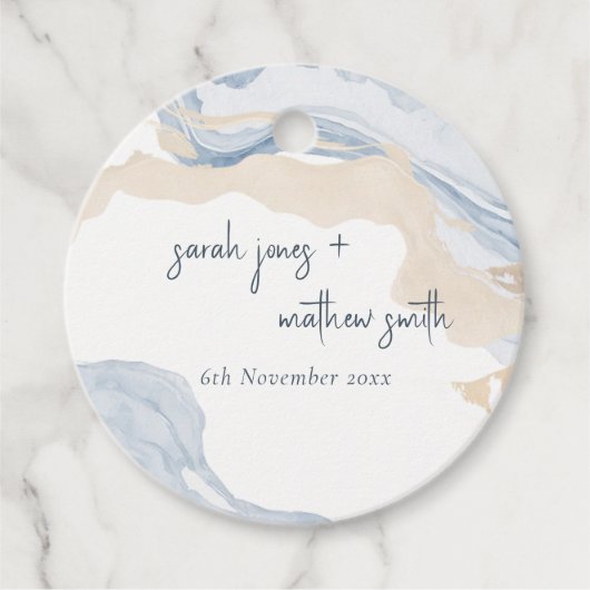 Elegant Abstract Blauw Beige Kuststrand Bruiloft Bedankjes Labels (Voorkant)