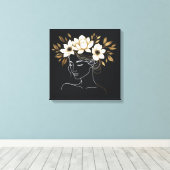 Elegant Abstract Female Line Art with Gold Floral  Canvas Afdruk (Insitu (Houten vloer))