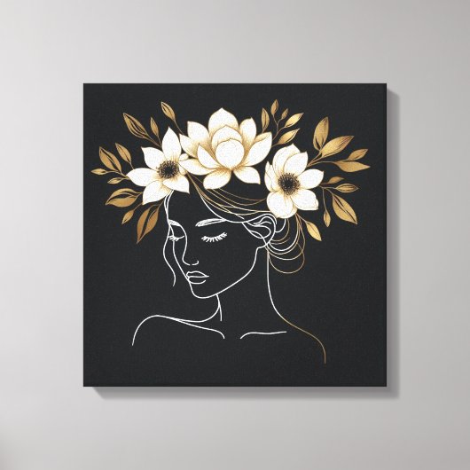 Elegant Abstract Female Line Art with Gold Floral  Canvas Afdruk (Voorkant)