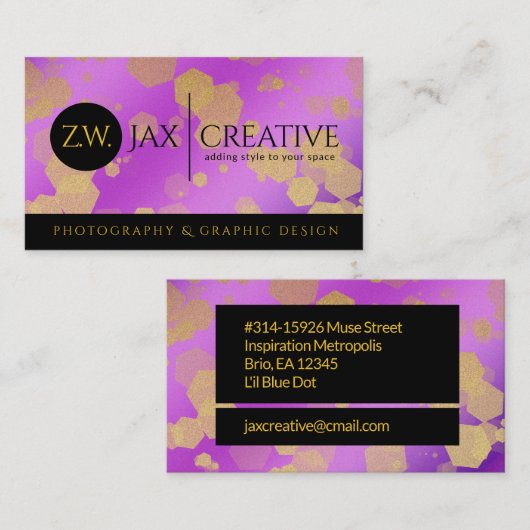 Elegant Abstract Gold Confetti op Paars  Visitekaartje (Voorkant / Achterkant)