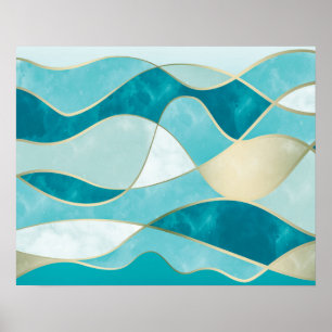 Elegant Abstract Gold Waves en Blauwgroen marmer G Poster