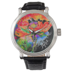 Elegant abstract rood bloemige waterverf zwart horloge