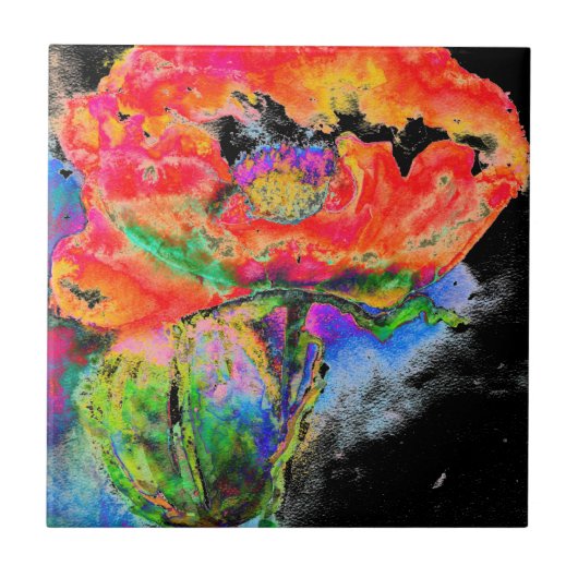 Elegant abstract rood bloemige waterverf zwart tegeltje (Voorkant)