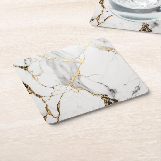 Elegant abstract zwart-wit goudmarmer vierkante kartonnen onderzetter (Schuin)