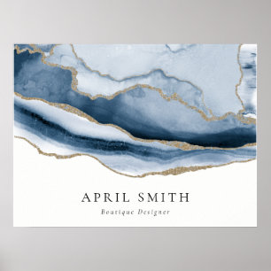 Elegant Abstracte marine Blue Agate Gold Waterverf Poster