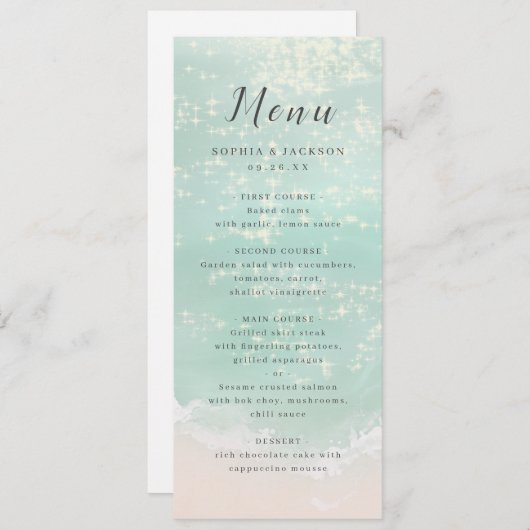 Elegant abstracte mousserende oceaanstrand bruilof menu (Voorkant / Achterkant)