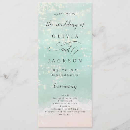 Elegant abstracte mousserende oceaanstrand bruilof programma (Voorkant)