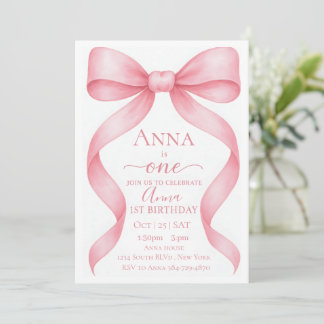Elegant Adjustable Pink Bow First Birthday Invitat Kaart