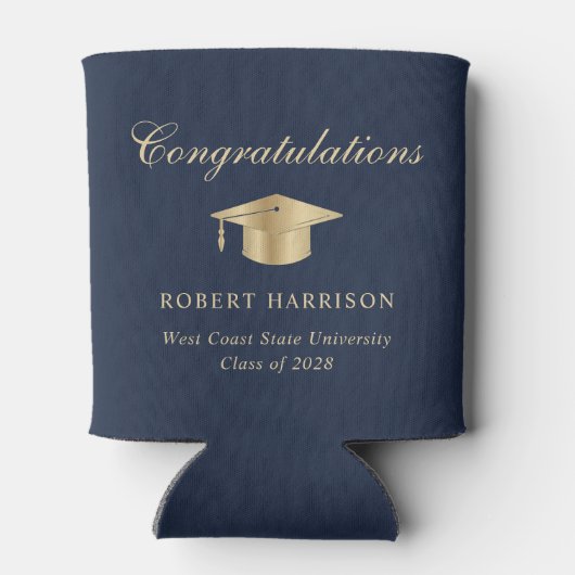 Elegant Afstudeerder Pet Blauw Goud Afstudeerfeest Blikjeskoeler (Achterkant)