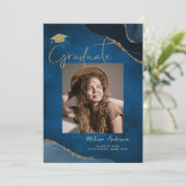 Elegant Afstuderen foto blauw marine Aankondiging (Staand voorkant)