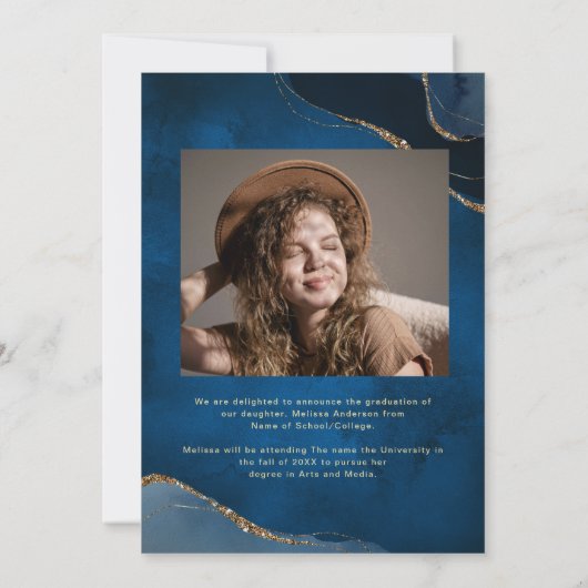 Elegant Afstuderen foto blauw marine Aankondiging (Achterkant)