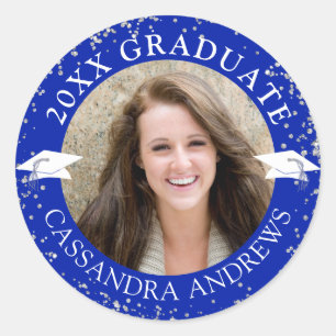Elegant Afstuderen Foto Royal Blue Gold Pet Ronde Sticker