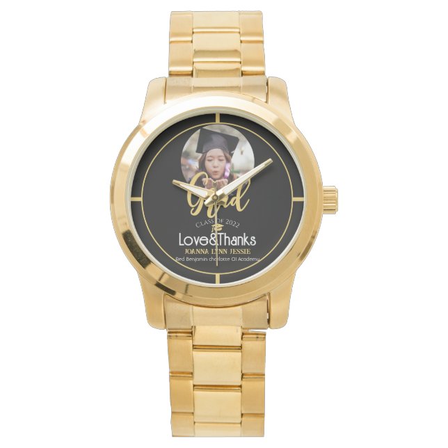 Elegant Afstuderen Gold Pet Bedankt Script Foto Horloge (Voorkant)