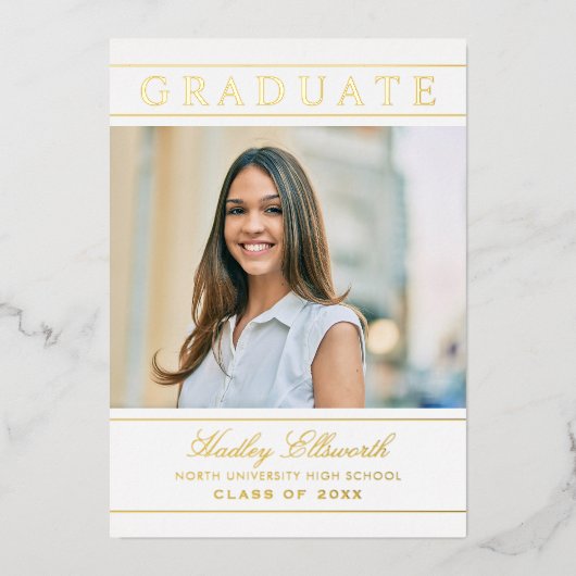 Elegant Afstuderen Gold Photo Graduparty Folie Uitnodiging (Voorkant)
