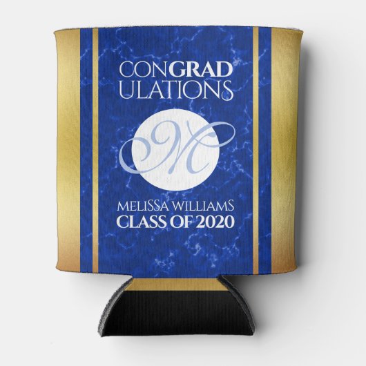 Elegant Afstuderen Monogram Blue Marble Gold Foil Blikjeskoeler (Voorkant)
